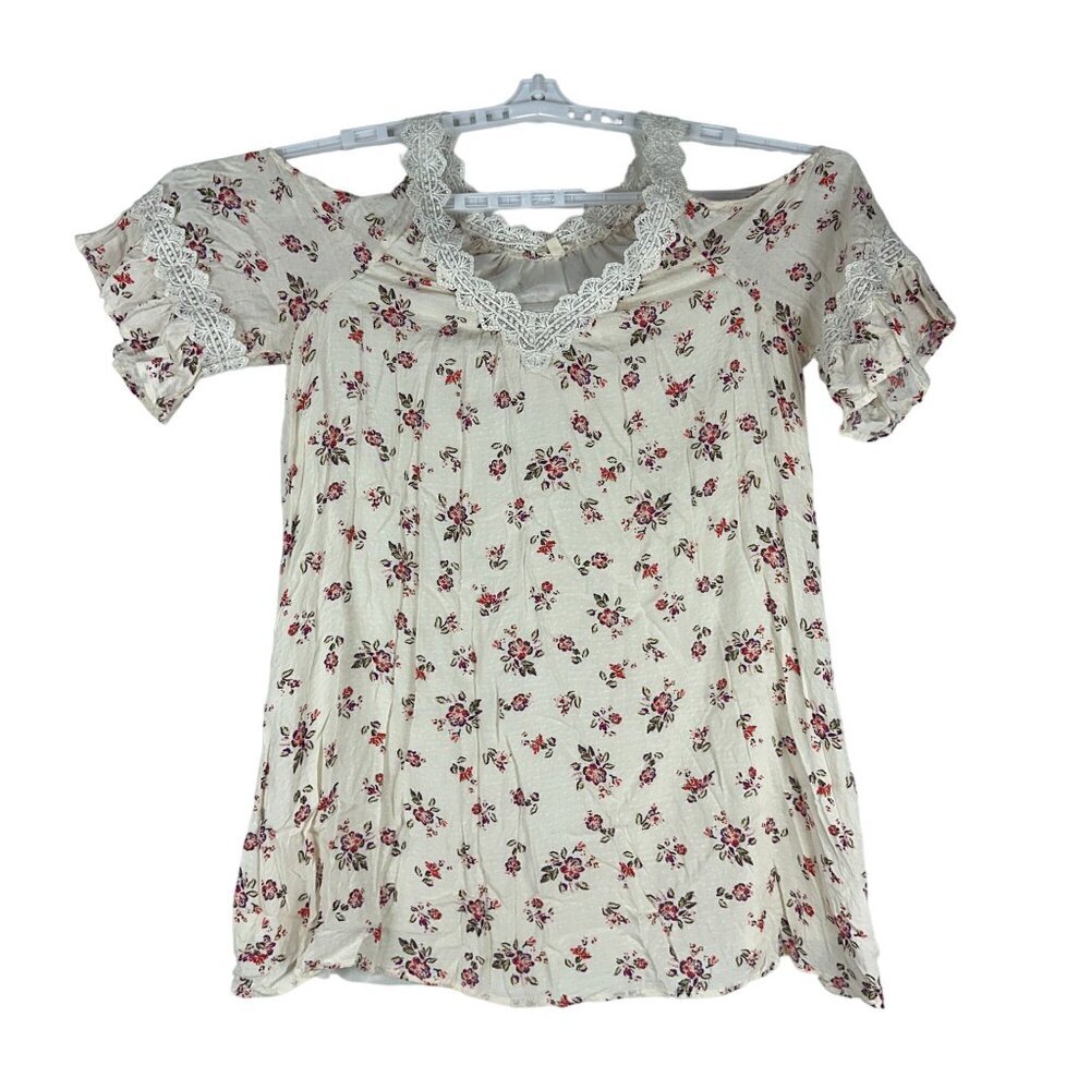 En Crème Women's Floral Print Cold Shoulder Blouse Size L White